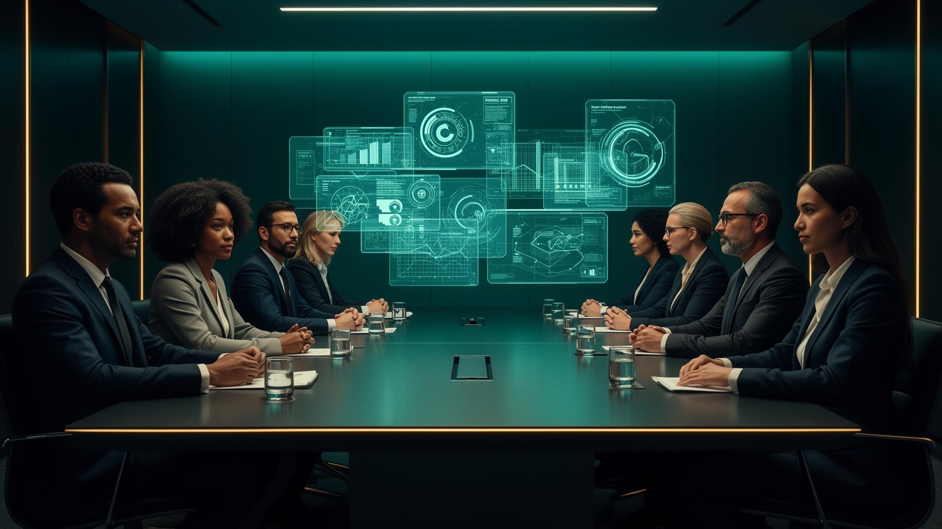 Enterprise leadership team in boardroom reviewing AI strategy